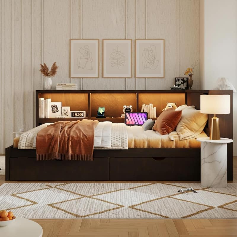Queen Size Wood Daybed with LED Storage Shelves, USB Ports, and 2 Drawers by Harper&Bright Designs