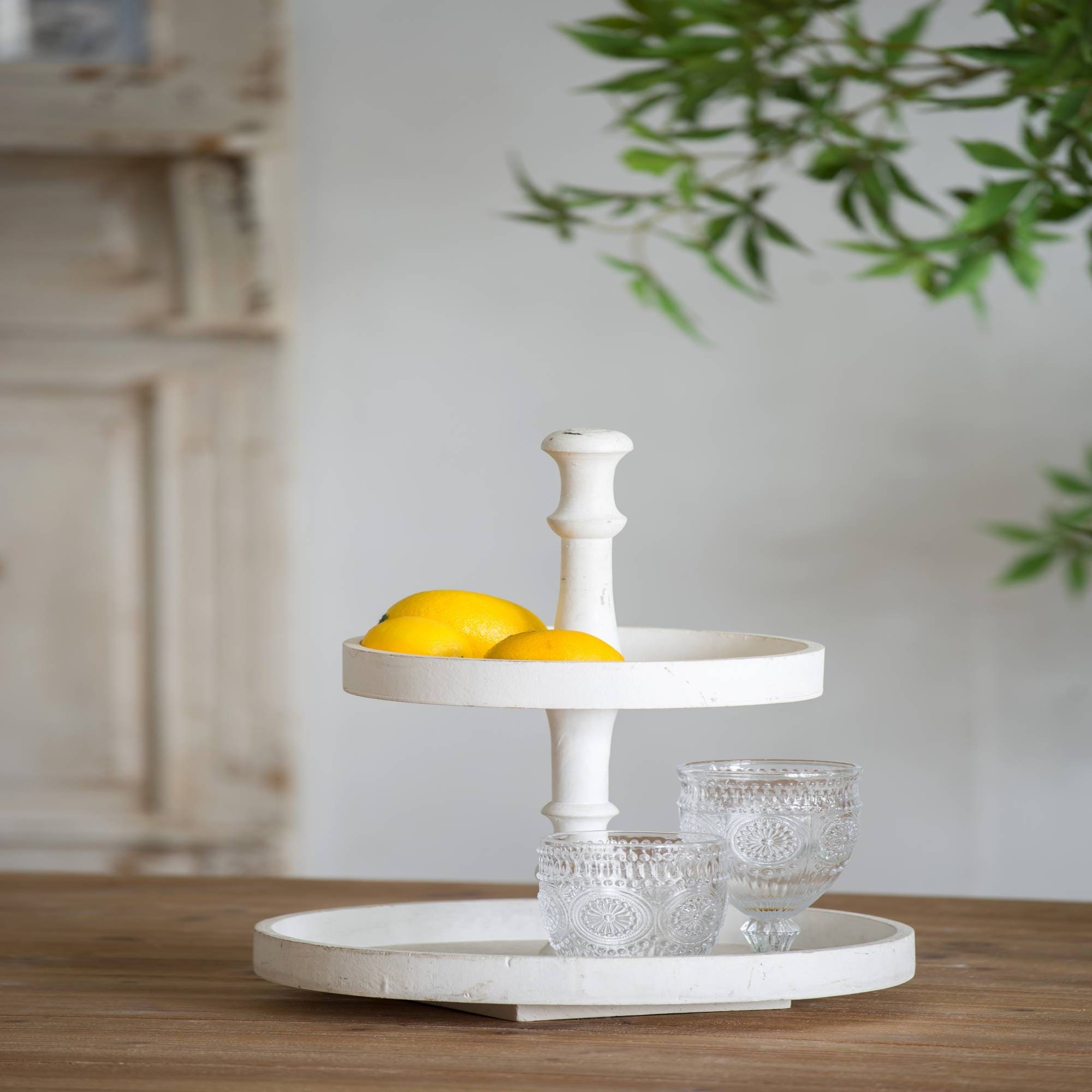 White Two-Tiered Round Wooden Tray