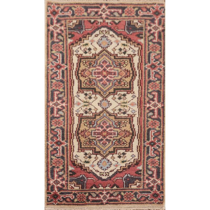 Geometric Heriz-Serapi Accent Rug Handmade Beige Wool Carpet - 2'0"x 4'0"