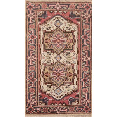 Geometric Heriz-Serapi Accent Rug Handmade Beige Wool Carpet - 2'0"x 4'0"