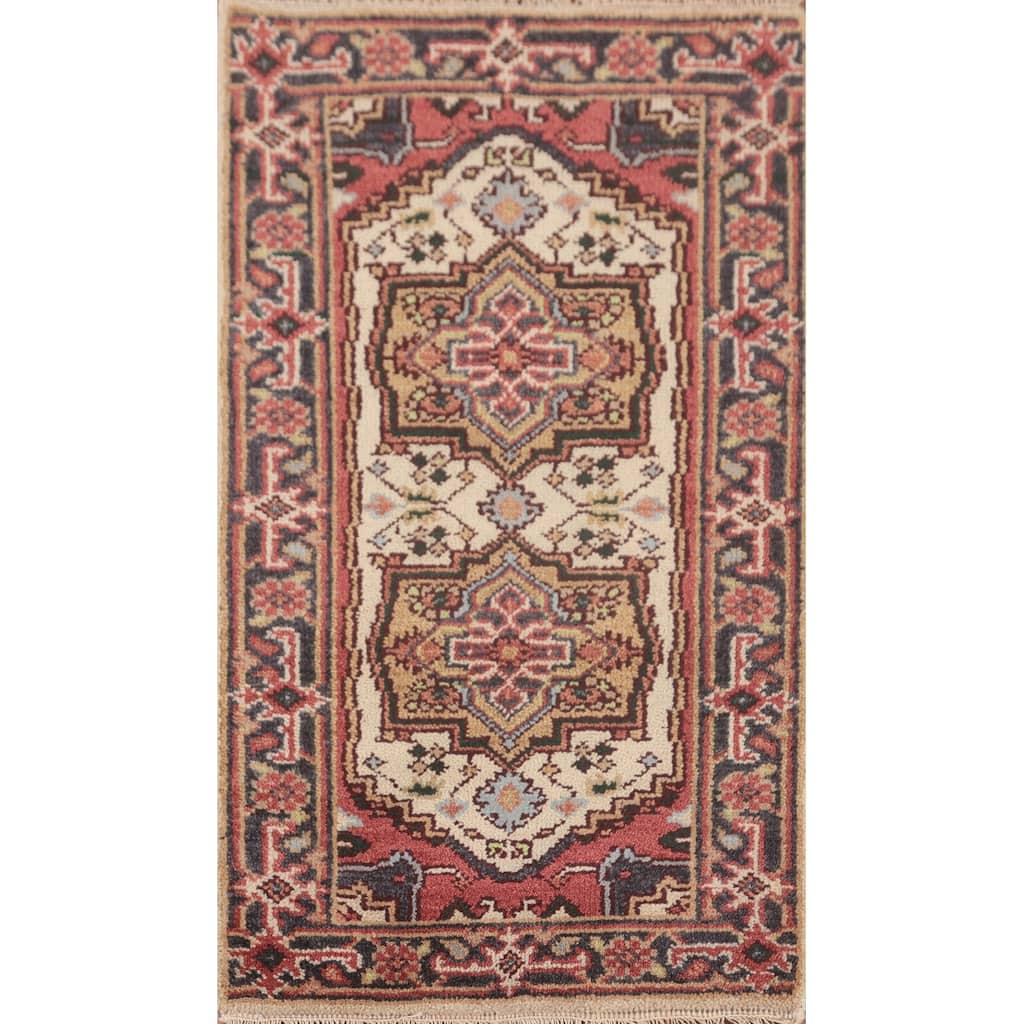 Geometric Heriz-Serapi Accent Rug Handmade Beige Wool Carpet - 2'0"x 4'0"