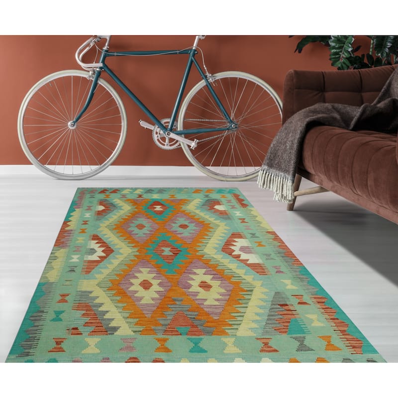 Sangat Flatweave Harry Green/Orange Rug - 4'9" x 6'6"