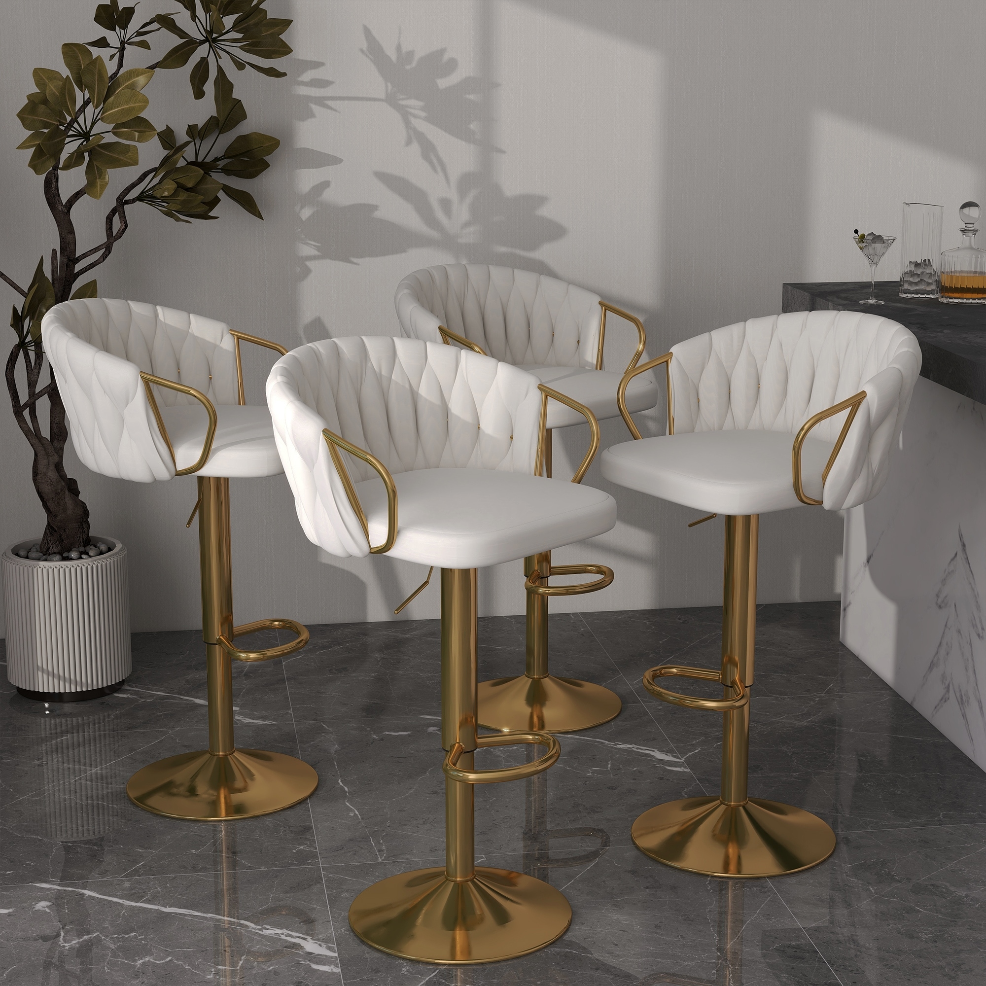 Set of 4 Adjustable Tufted Bar Stools with Backs