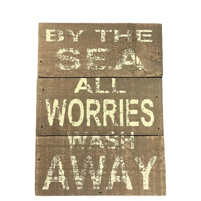 By The Sea All Worries Wash Away Box Shelf Sign Distressed Stained Wood 7 Inches - Brown
