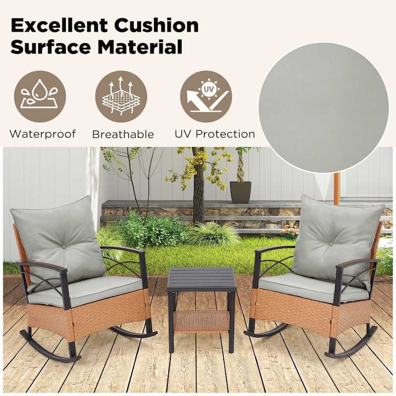 3-Piece Outdoor Rocking/Swivel Chair Set - PE Rattan Patio Furniture with Cushions & Coffee Table, Rocker Chairs for Backyard