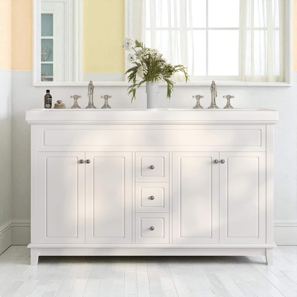 60" Bathroom Vanity with Double Resin Sinks, Soft-Close 4 Doors and 3 Drawers, Solid Wood Legs and Adjustable Shelves