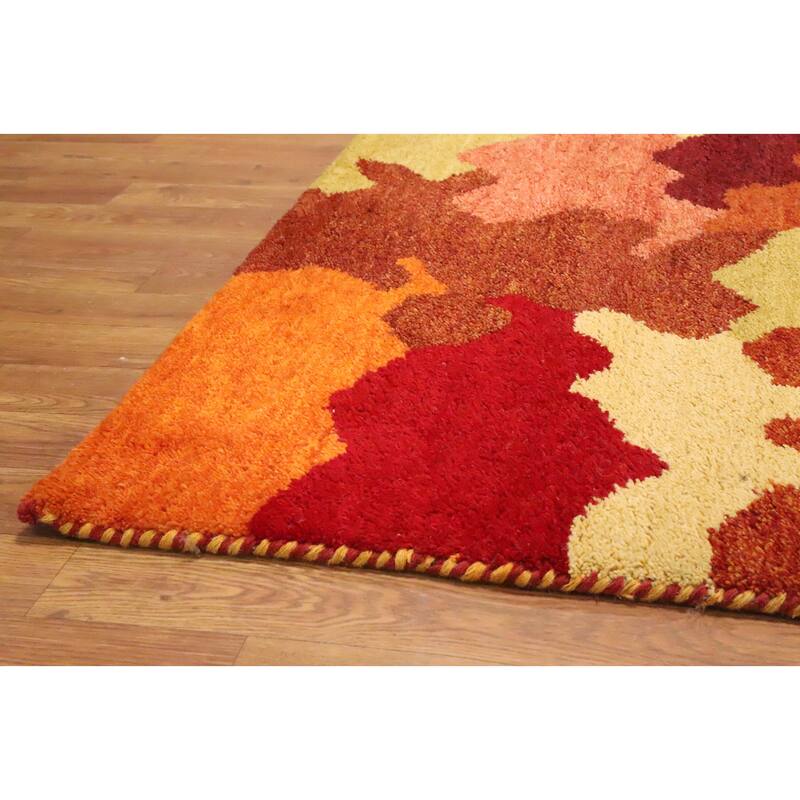 Hand Knotted Oriental 100% Wool Carpet Modern Geometric Oranges & Rust Gabbeh Area Rug - 9' 7'' X 6' 4''