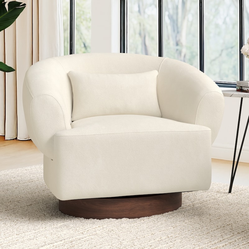 Chenille Upholstered Swivel Barrel Accent Chair with Solid Wood Base for Living Room - Beige