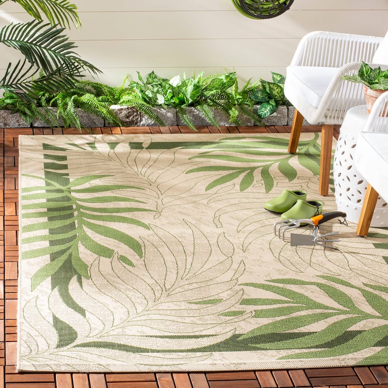 SAFAVIEH Courtyard Idun Botanical Indoor/ Outdoor Waterproof Patio Backyard Rug - 4' x 5'7" - Cream/Green