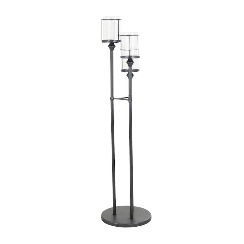 Metal Tall Floor Hurricane Lamp with 3 Posts and Round Base - Black - Roche River Decor - 14"W x 14"L x 55"H
