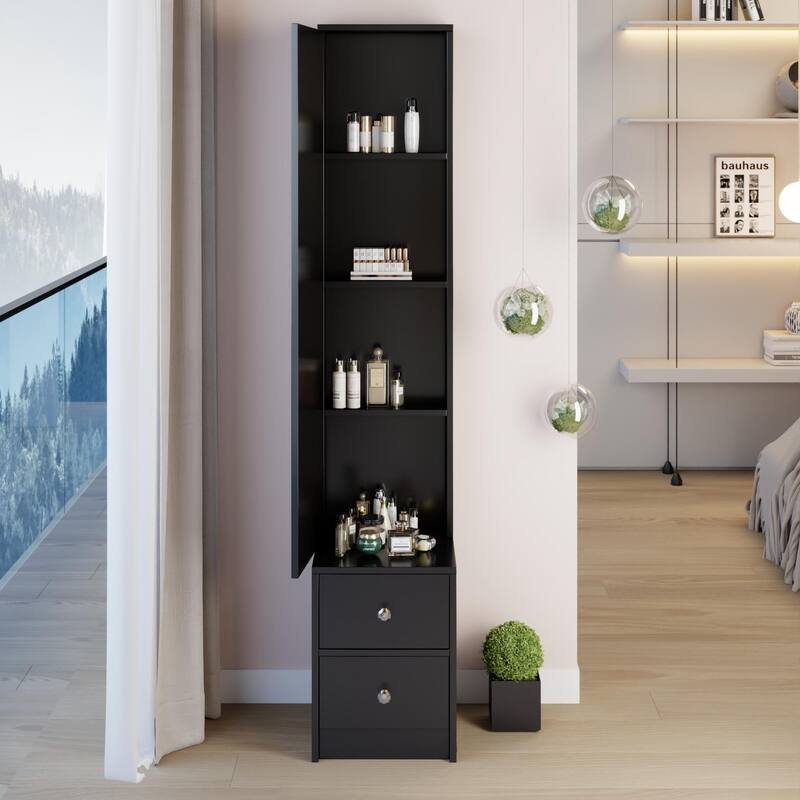 63" H Full Body Dressing Mirror Cabinet with Multi-Layer Storage, Standalone or Vanity Companion - Black