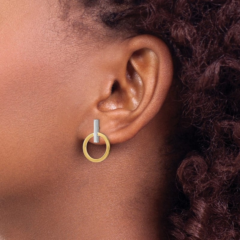 Curata 14k Two tone Gold Polished Bar and Circle Drop Dangle Post Earrings 18.09x13.71mm