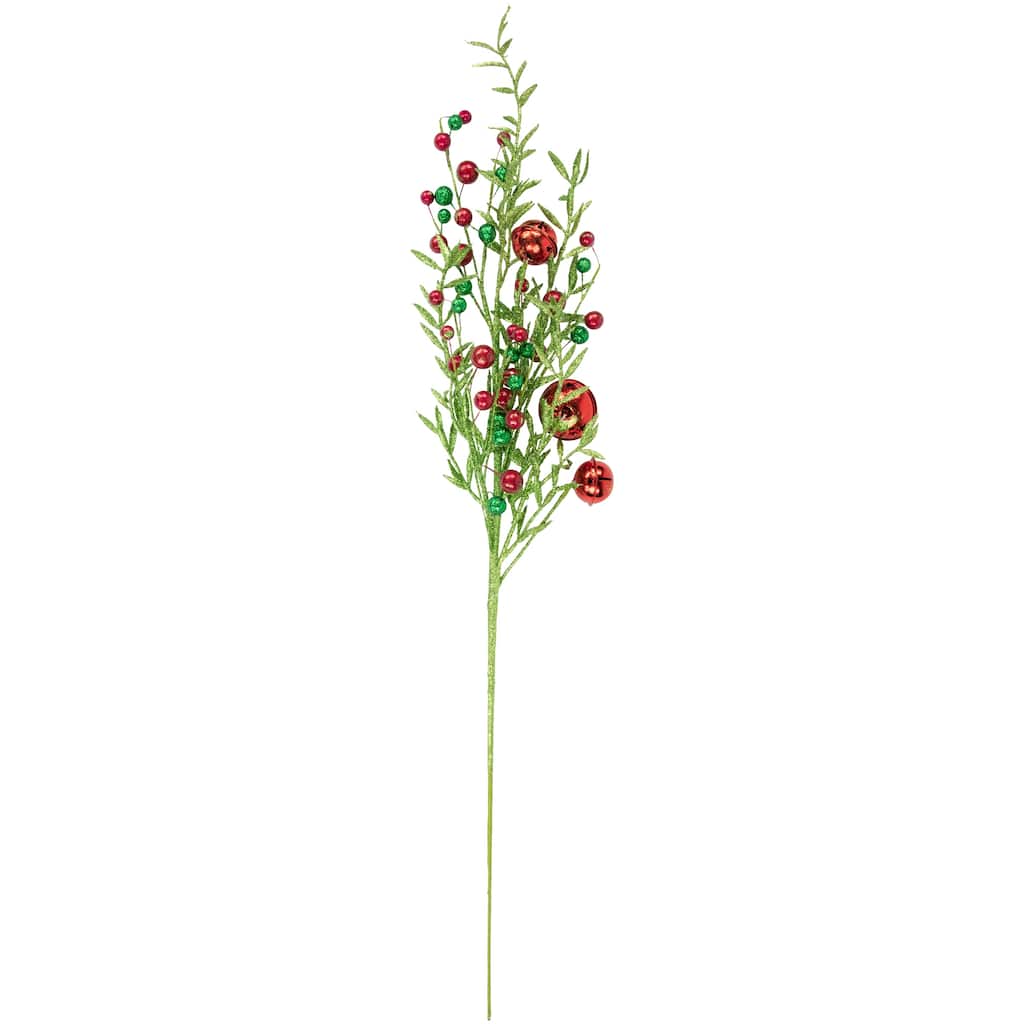 32" Green and Red Jingle Bells and Berry Artificial Glitter Christmas Spray
