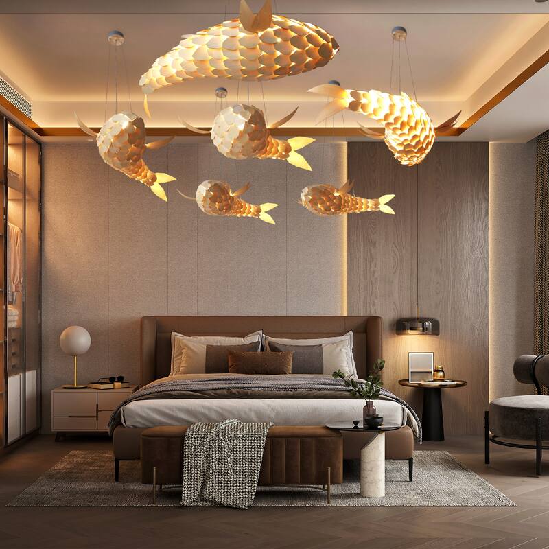 Large Fish Shape Ceiling Lamp Creative Solid Wood Carp Restaurant Home