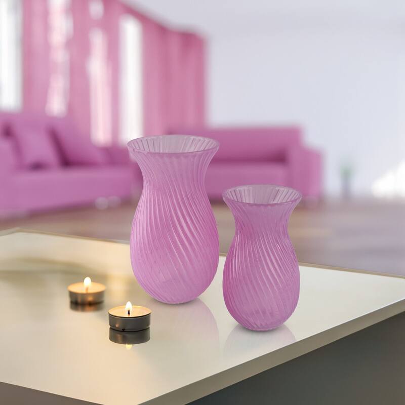 Frosted Glass Tulip Table Vases, Set of 2 with Swirl Pattern Design
