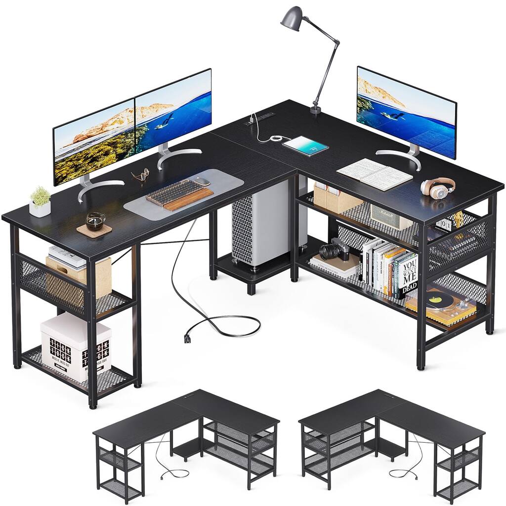 59" L Shaped Desk with Power Outlet and USB Charging Ports, Reversible L Shaped Computer Desk with Storage Shelves