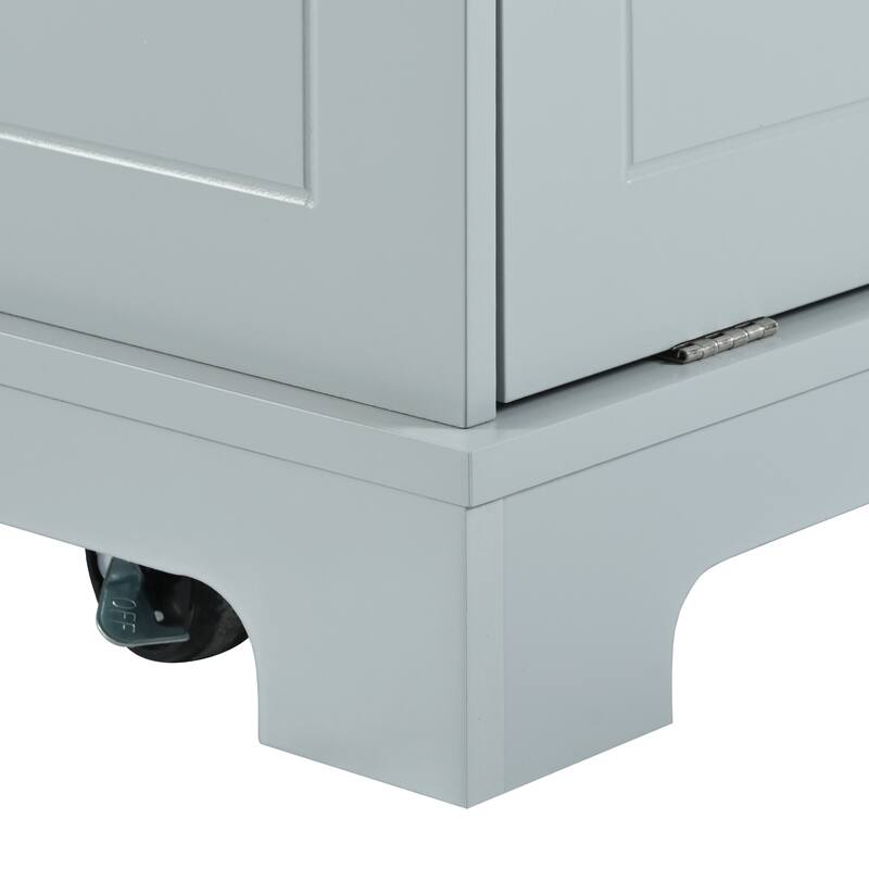 Fluted Rolling Kitchen Island with Trash Can Storage Cabinet,Power Outlet,5 Wheels