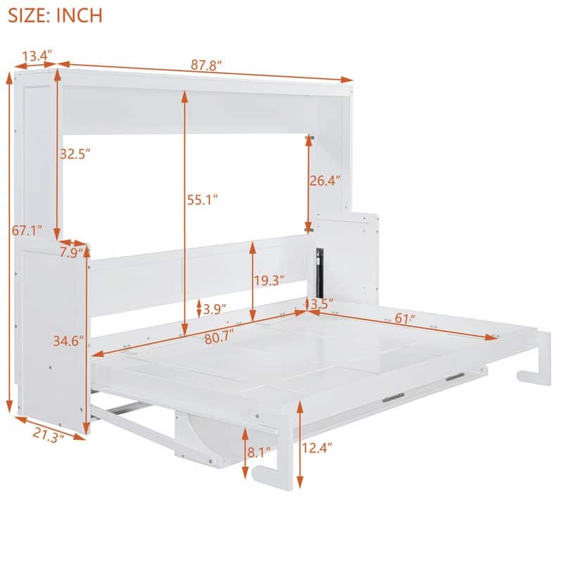 Full/Queen Size Wooden Murphy Bed with Desk, Foldable Murphy Bed Cabinet w/ Hydraulic Lift Design, Space Saving Murphy Chest Bed