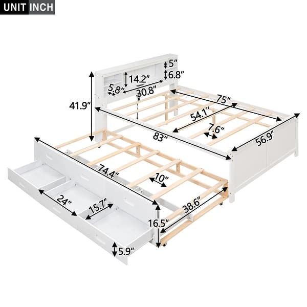 Full Size Platform Bed with Storage Headboard, USB, Twin Size Trundle & 3 Drawers Bunk Storage Bed for Kids Teens Adults, White