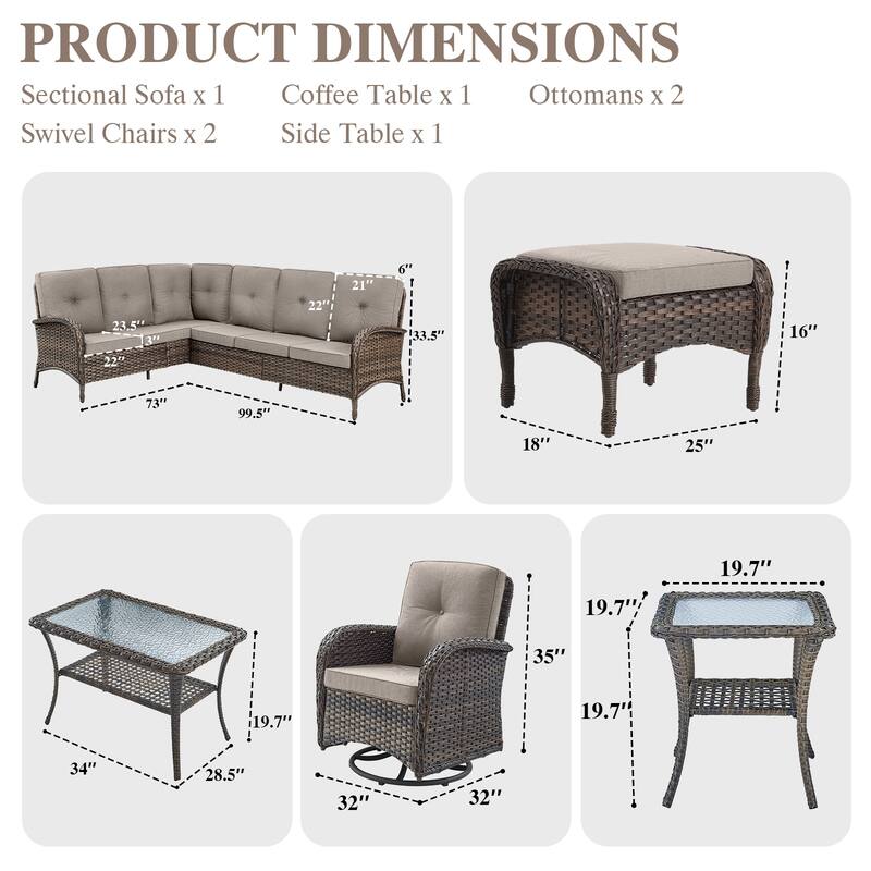 Patio Sectional Sofa with Swivel Chairs Ottomans Set