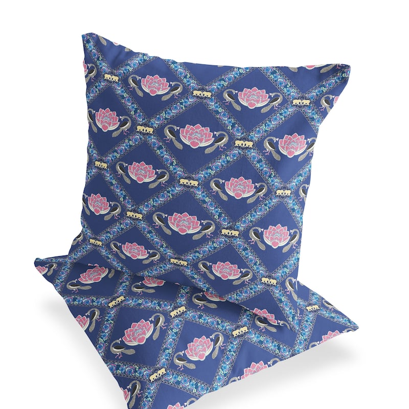 HomeRoots Set of Two 16" X 16" Blue and Purple Peacock Blown Seam Floral Indoor Outdoor Throw Pillow - 16.00' X '16.00' X '5.00