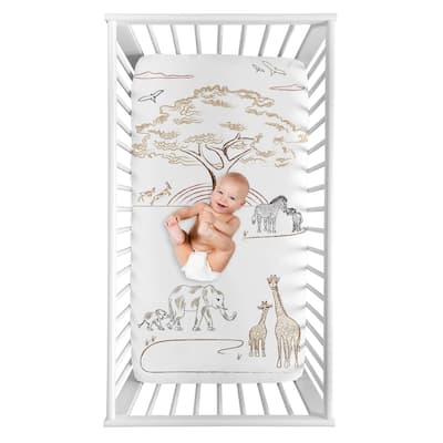 Jungle Safari Animals Boy Girl Photo Op Fitted Crib Sheet Taupe Black and White Gender Neutral Elephant Zebra Wildlife Adventure