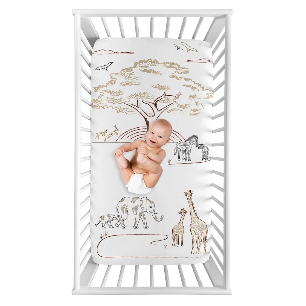 Jungle Safari Animals Boy Girl Photo Op Fitted Crib Sheet Taupe Black and White Gender Neutral Elephant Zebra Wildlife Adventure