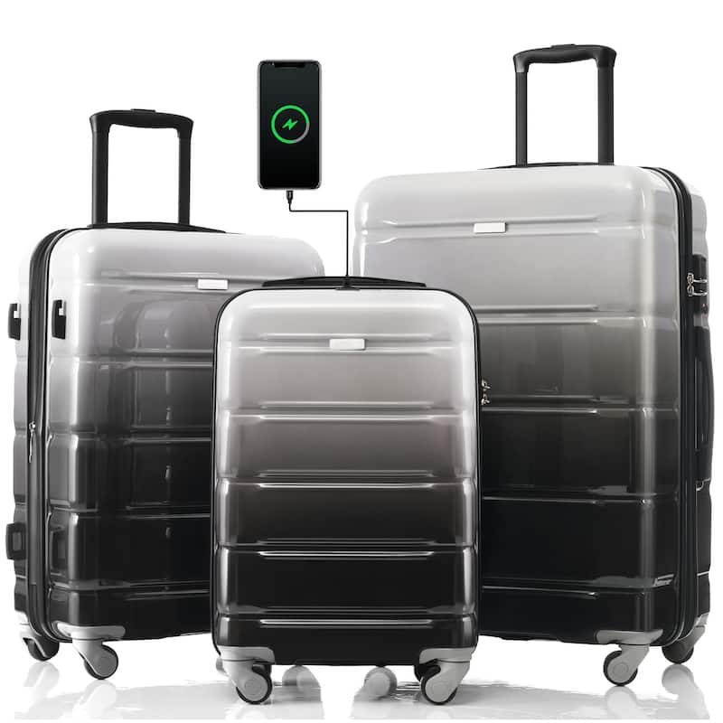 3-Piece, 20-Inch Modern Hard Shell Luggage with USB Port and Spinner Wheels, for Boarding Travel, Black - Black