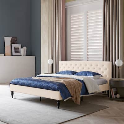 King Size Upholstered Platform Bed with Button Tufted Headboard and Metal Slats