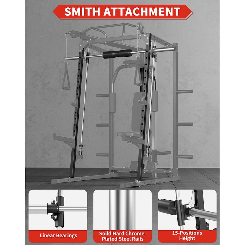 Smith Machine, 2000LBS Power Rack with Smith Bar, Cable Crossover Machine and Chest Station Machine for Home Gym