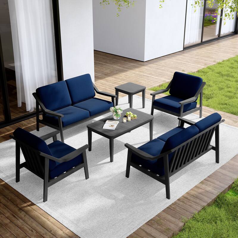 Outdoor Conversation 6 Seater Patio Chat Set with Cushions and Table - Dark Wood - Navy