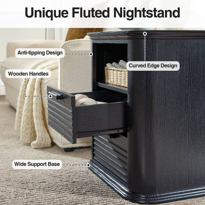 22" Fluted Night Stand with Charging Station, End Table with 2 Drawers & Open Storage, Side Tables Curved Profile Design