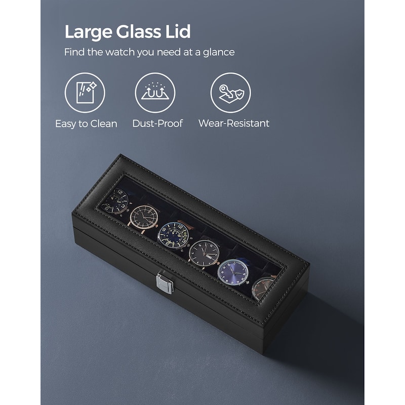 6-Slot Black Watch Display Box with Clear Glass Cover and Velvet Lining to Protect Your Collection - 4.4”D x 11.9”W x 3.1”H
