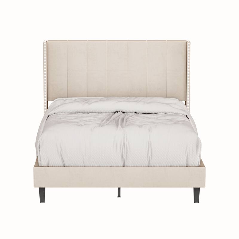 Upholstered Bed Frame with Vertical Channel Tufted Headboard - Beige