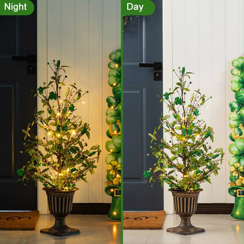 Glitzhome 36"H LED Lightd St. Patrick's Shamrock Urn Porch Tree with Timer - 2-Piece