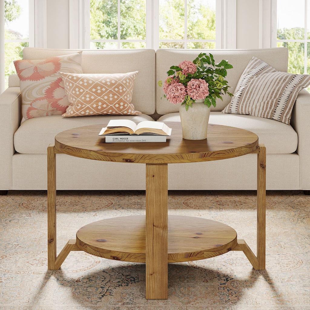 Round Small Coffee Table with 2-Tier Storage for Living Room - /