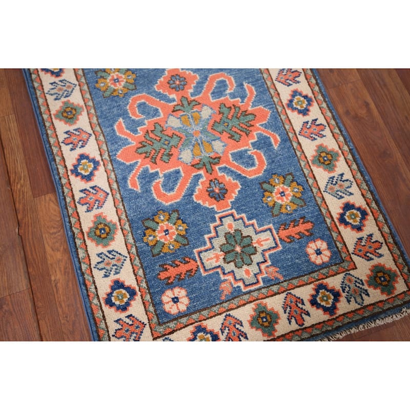 Geometric Kazak Foyer Rug Hand-Knotted Blue Wool Carpet - 2'0" x 3'0"