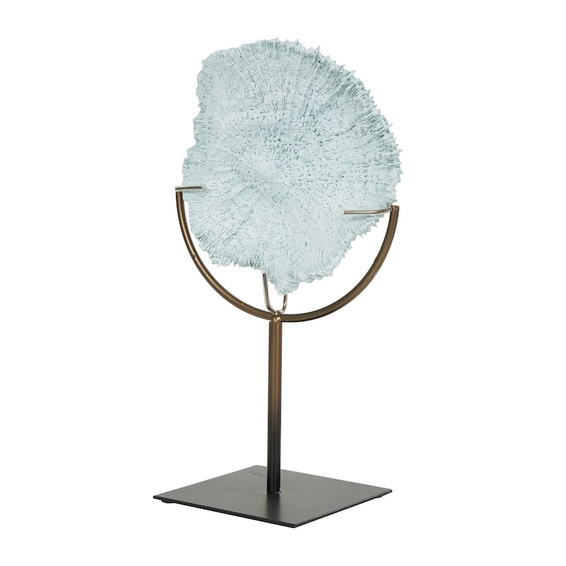 Light Blue Polystone Textured Coral Sculpture with Bronze Stand