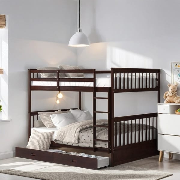 slide 2 of 9, Full over Full Size Bunk Bed with Ladders, Solid Wood Kids Storage Bed Frame with 2-Storage Drawers for Bedroom, Espresso Espresso
