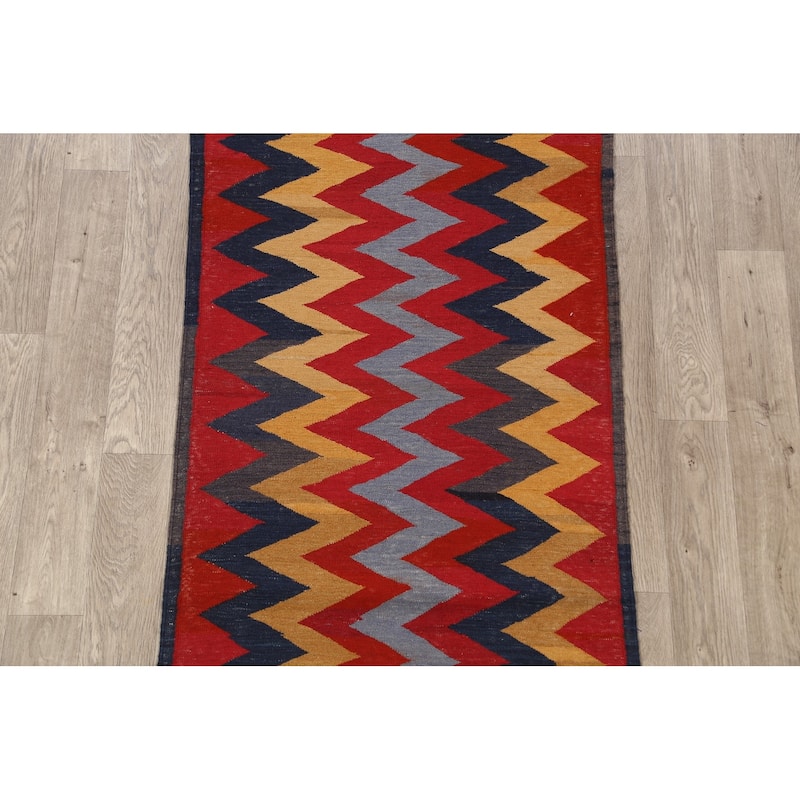 Geometric Chevron Kilim Oriental Area Rug Hand-woven Wool Carpet - 3'1" x 6'3"