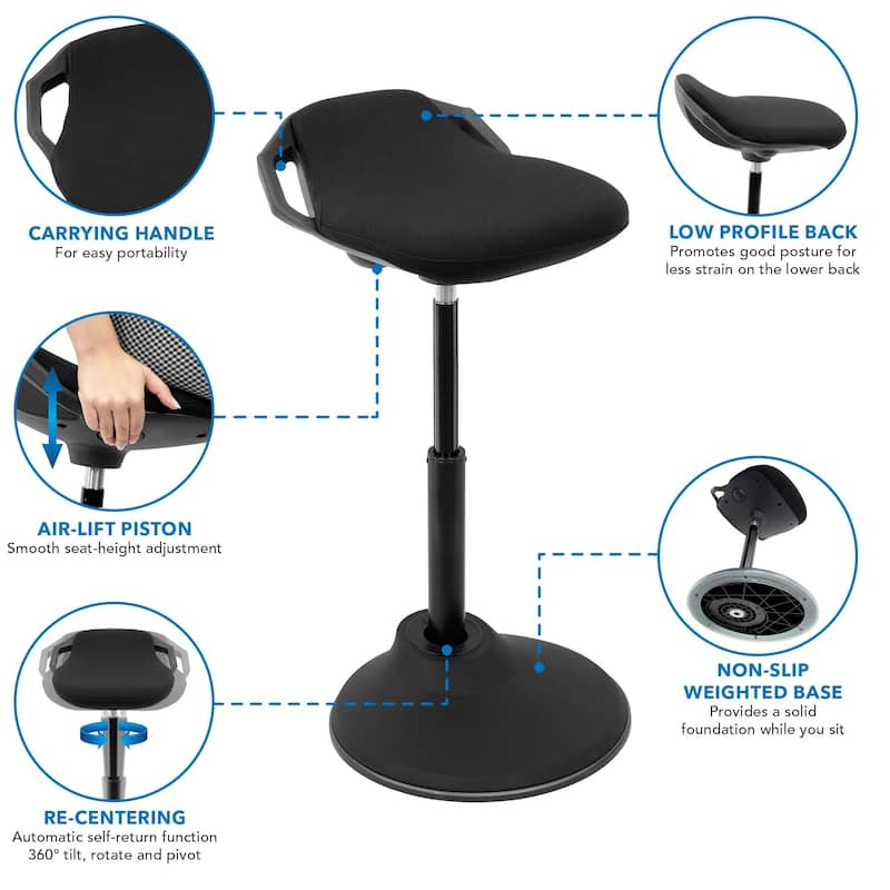 Mount-It! Ergonomic Sit Stand Stool [360-deg Tilt] Height Adjustable, Leaning Chair for Standing Desk - Black