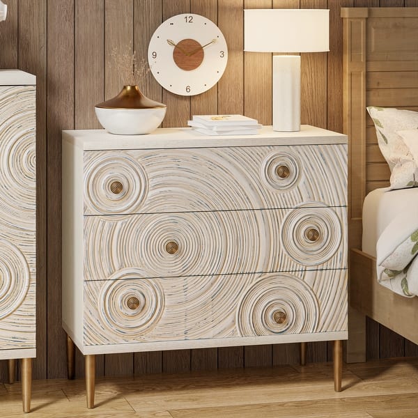COZAYH Farmhouse Embossed 3 Drawer Dresser with Ring Motif, Distressed Boho Nightstand for Bedroom, Living Room, French Country - On Sale - Bed Bath & Beyond - 41398824 COZAYH Farmhouse Embossed 3 Drawer Dresser with Ring Motif, Distressed Boho Nightstand for Bedroom, Living Room, French Country - On Sale - Bed Bath & Beyond - 41398824