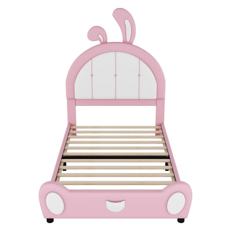 Cute Upholstered Kids Princess Bed with Rabbit Shaped Headboard, PU Leather Princess Platform Bed, Solid Pine Twin Bed Frame