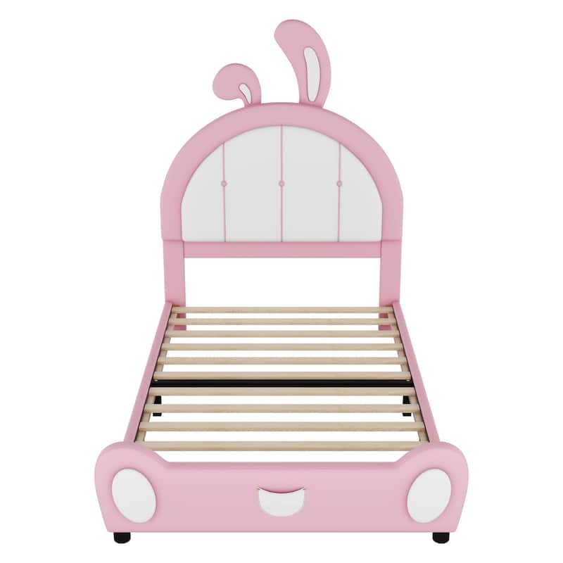 Upholstered Leather Bed Frame, Twin Size Platform Bed with Rabbit Shaped Headboard and Footboard for Bedroom, Study