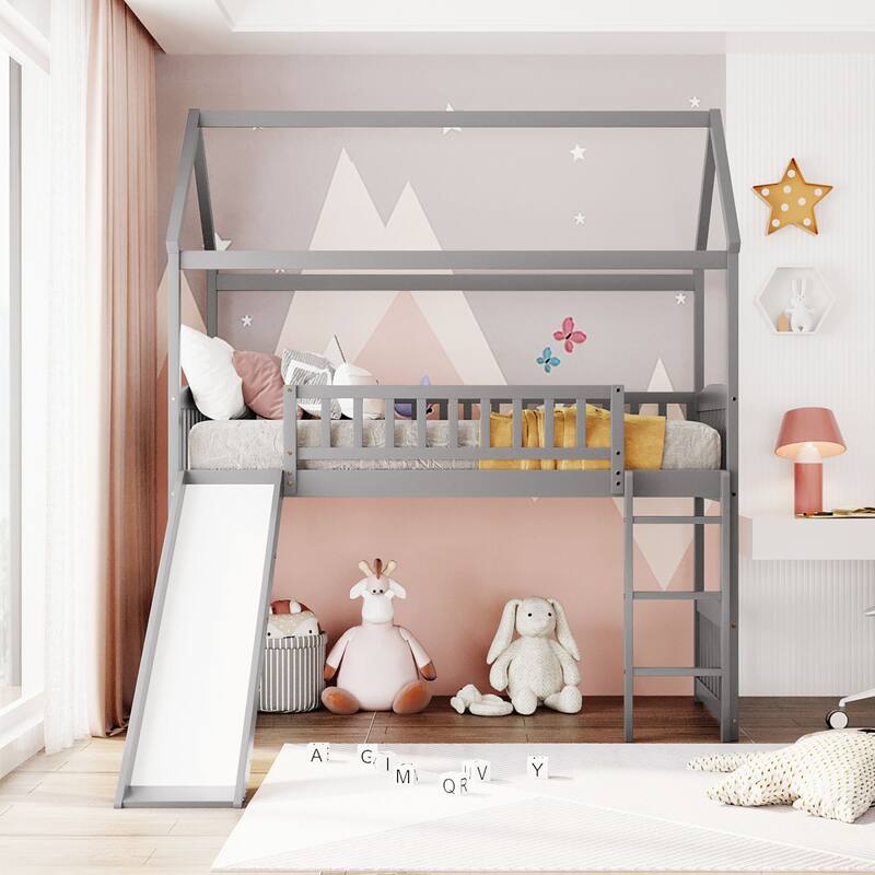 Space-Saving Twin Loft Bed with Slide, Gray - No Box Spring Needed