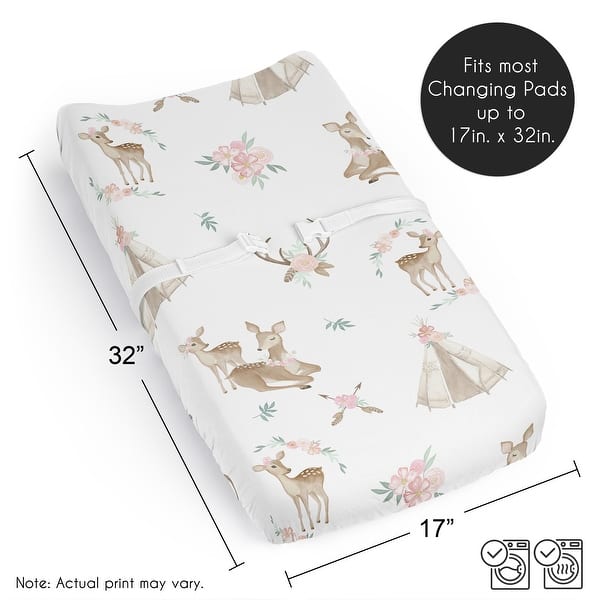 Sweet Jojo Designs Woodland Deer Floral Girl Changing Pad Cover Sheet - Pink & Green, Boho, Watercolor, Bohemian, Forest Animal