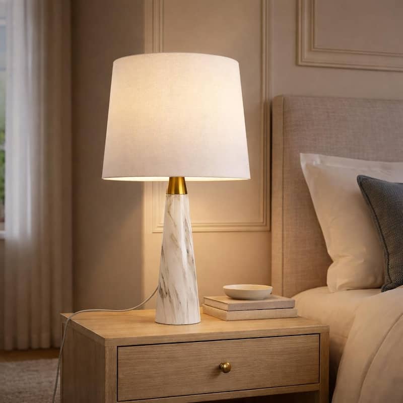 Topa Modern Faux Marble Table Lamp with Drum Shade - Cream