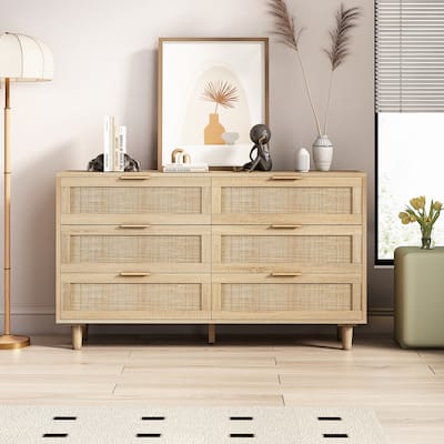 51.18" Rattan Storage Sideboard Cabinet with 6 Drawers - Brown