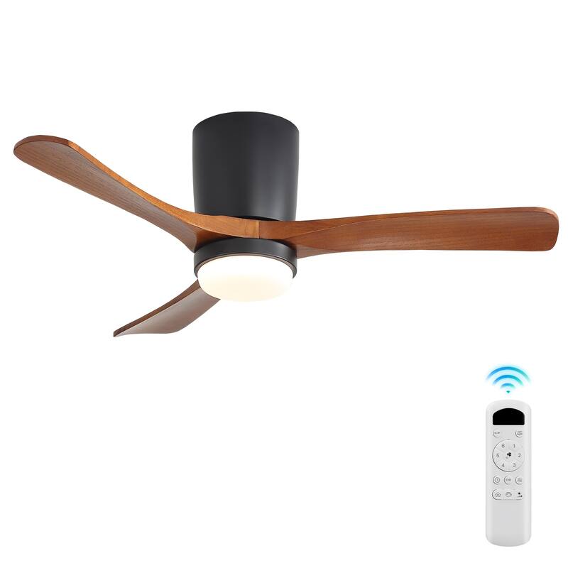 Sofucor 48/52 Inch Solid Wood Ceiling Fan with Light Optional, 6-Speed Reversible DC Motor and Remote control,Smart Optional - 42"-Non-Smart-With lights - Black with Brown solid wood Blades