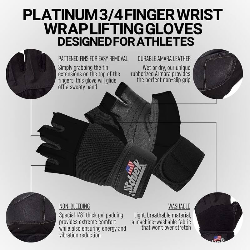 540 Unisex Platinum Lifting Gloves with Wrist Wraps, Black, Size Large